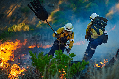 Buy stock photo Smoke, nature and firefighter team with emergency, disaster management and damage control in bush. Mountain, flame and people help with fire rescue, volunteer service or safety in forest conservation