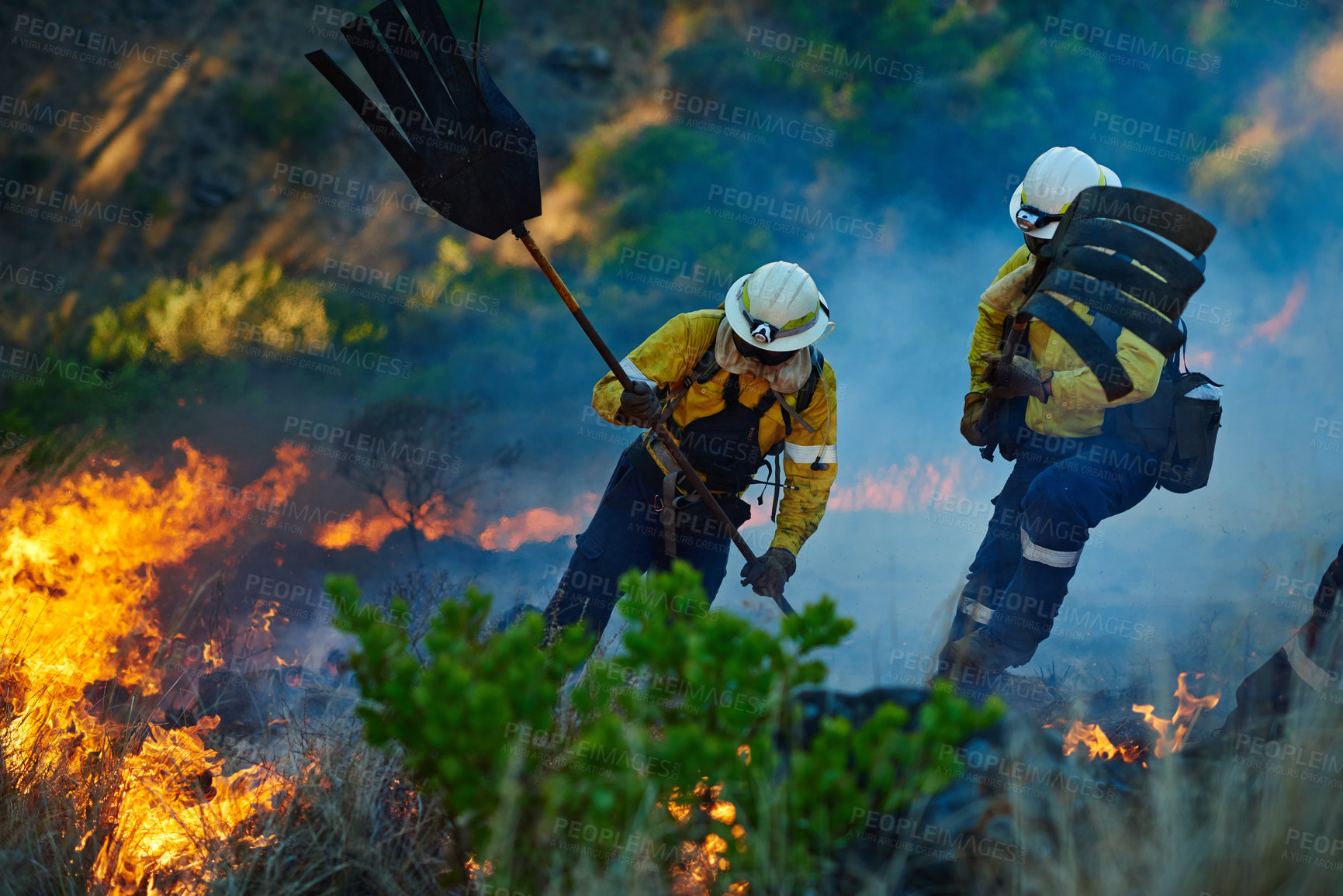 Buy stock photo Smoke, nature and firefighter team with emergency, disaster management and damage control in bush. Mountain, flame and people help with fire rescue, volunteer service or safety in forest conservation