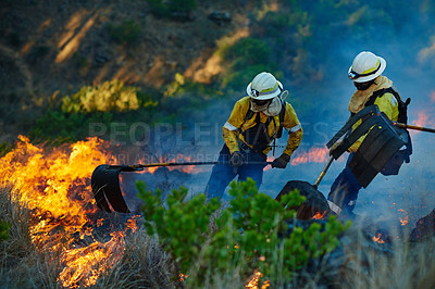 Buy stock photo Smoke, trees and firefighter team with emergency, disaster management and damage control in forest. Mountain, flame and people help for fire rescue, volunteer service or safety in nature conservation