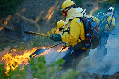 Buy stock photo Smoke, bush and firefighter team with emergency, disaster management and damage control in forest. Mountain, flame and people help with fire rescue, volunteer service or safety in nature conservation