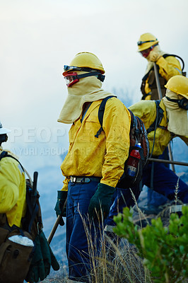 Buy stock photo Wild, teamwork and firefighters with smoke in nature for emergency, safety equipment or disaster prevention. Service, forest and men for operation, climate change or destroyed ecosystem in California