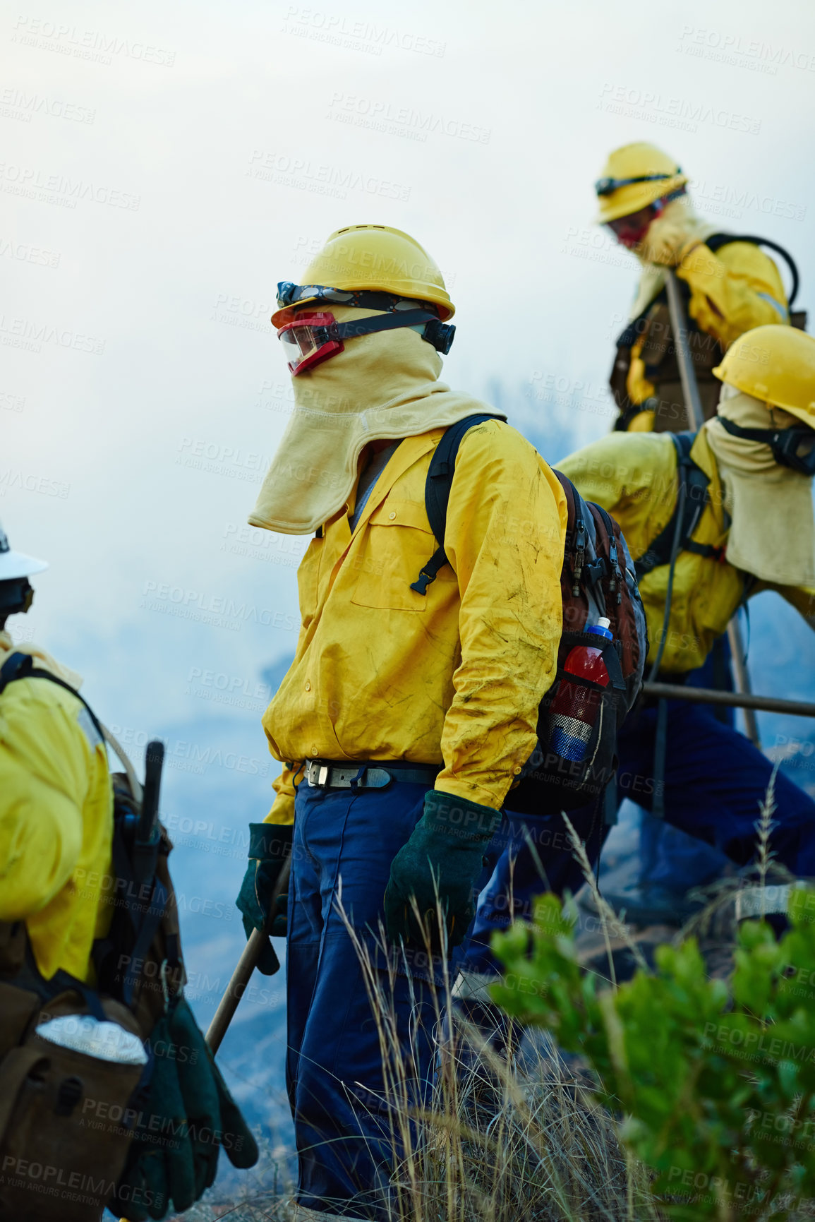 Buy stock photo Wild, teamwork and firefighters with smoke in nature for emergency, safety equipment or disaster prevention. Service, forest and men for operation, climate change or destroyed ecosystem in California