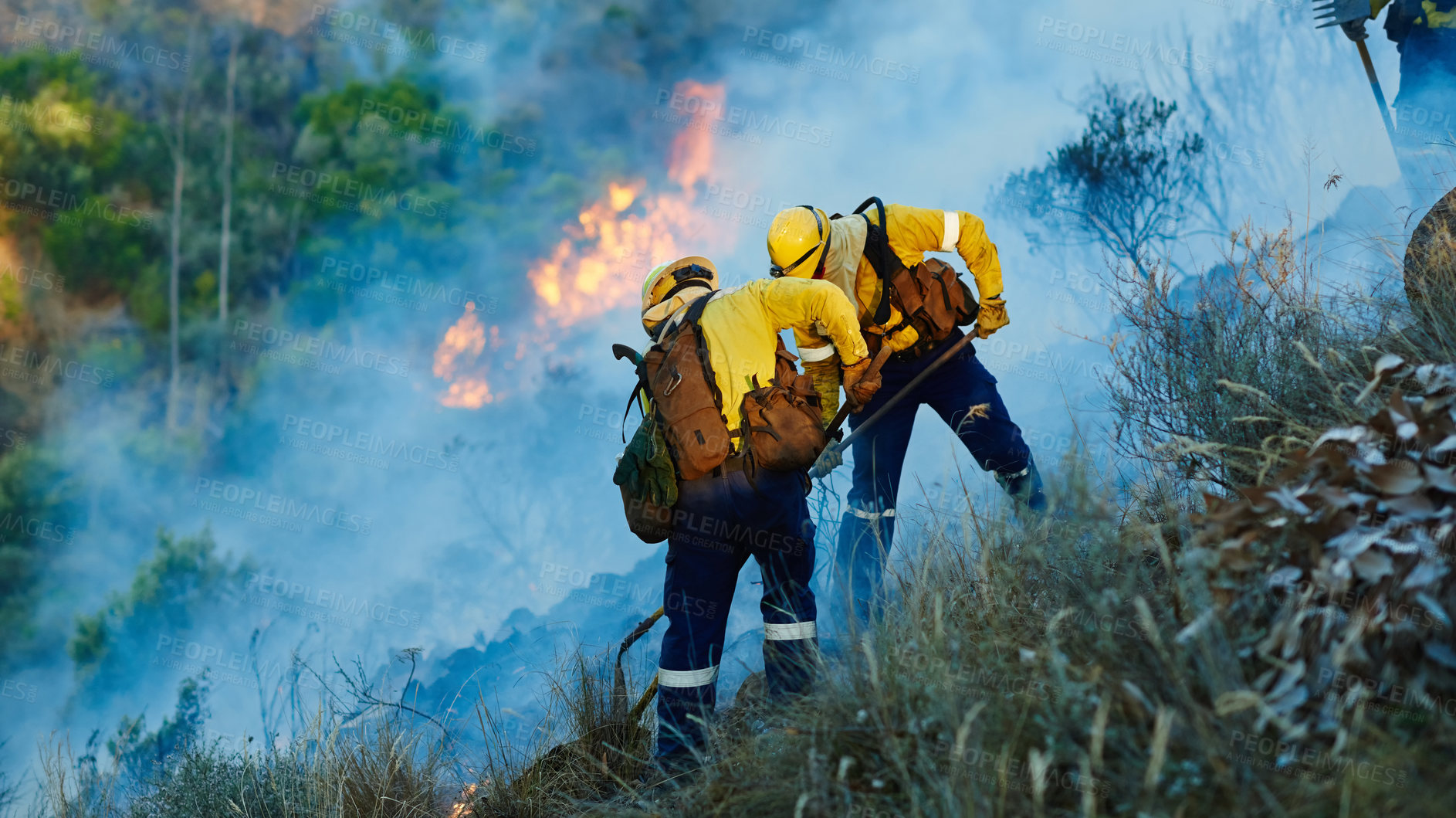 Buy stock photo Smoke, teamwork and firefighter in bush for emergency, disaster management or damage control in forest. Mountain, flame and people with fire rescue, volunteer service or safety in nature conservation