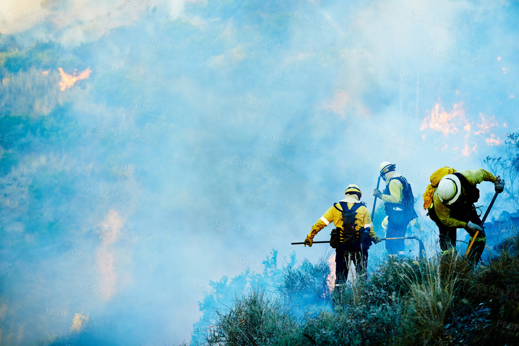 Buy stock photo Nature, men and fire with emergency team, disaster management and damage control together in bush. Mountain, flame and firefighter collaboration, volunteer service or safety in forest conservation