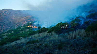 Buy stock photo Wild fire, grass and dry season with environment, risk and nature with smoke, forest and burn. Outdoor, empty and woods with trees, landscape and flames with natural disaster, field and emergency