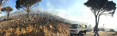 Buy stock photo Nature, hill and landscape with smoke or risk of climate change, danger in environment with trees. Forest fire, disaster and emergency in countryside with mountain or woods, outdoor banner with fog