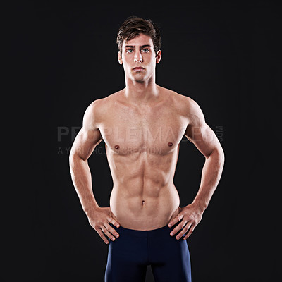 Buy stock photo Man, studio and fitness portrait with body, athlete workout and swimming trainer or exercise with torso for health. Wellness, confident and male person in swimwear, isolated on black background