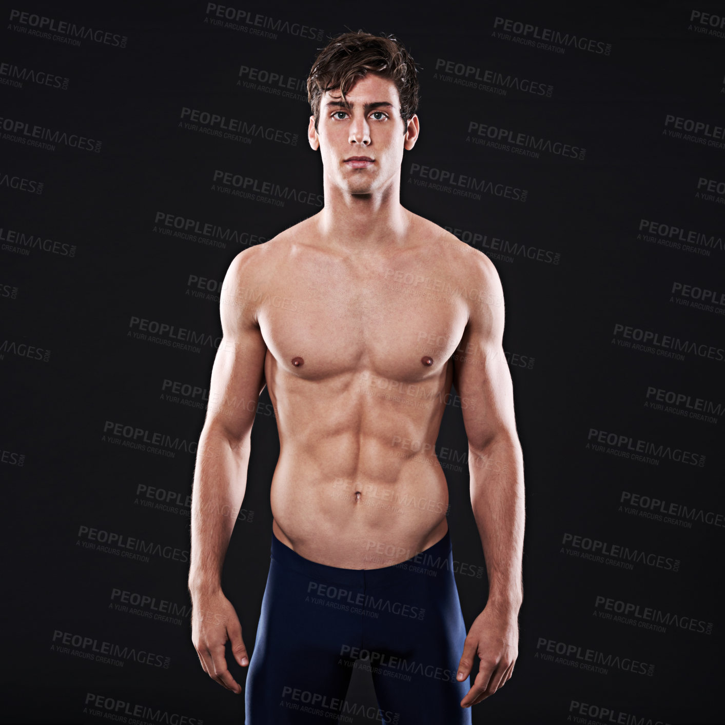 Buy stock photo Man, studio and body portrait or confident athlete, workout and swimming training for health exercise. Wellness instructor, serious and male person in swimwear and isolated on black background