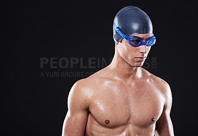 Buy stock photo Man, muscle and swimming by black background for sports with pool, champion and training. Male swimmer, athlete and strong body in studio with water for professional competition, health and freestyle