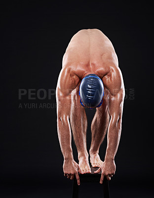 Buy stock photo Studio, swimming and athlete ready to dive for sports, competition and cardio exercise for fitness. Workout, man and swimmer with start pose for marathon, training and olympics on black background