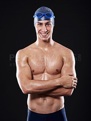 Buy stock photo Happy, man and swimmer in studio on dark background for fitness, motivation and training for health. Portrait, athlete and exercise isolated inside for strong, workout and professional competition