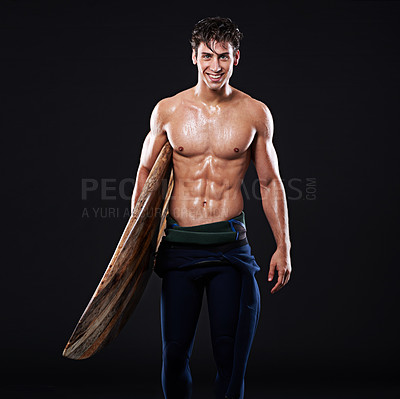 Buy stock photo Studio, surfboard and portrait of male surfer, smile or  athlete isolated on black background. Body, swimsuit or wetsuit for water sports for man model person, equipment or board for fitness or hobby
