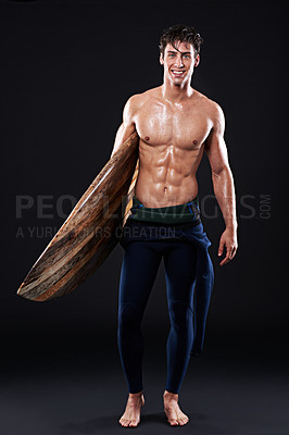 Buy stock photo Studio, surfboard and portrait of male surfer, happy and athlete isolated on black background. Body, swimsuit and water sports for man model person, equipment and wetsuit for fitness or hobby