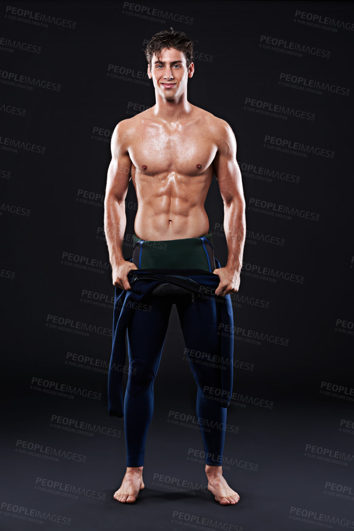 Buy stock photo Studio, portrait of surfer or smile for sports, fitness and training for competition event. Professional athlete, male person or model and man with mockup, muscle or abs on dark background with pride