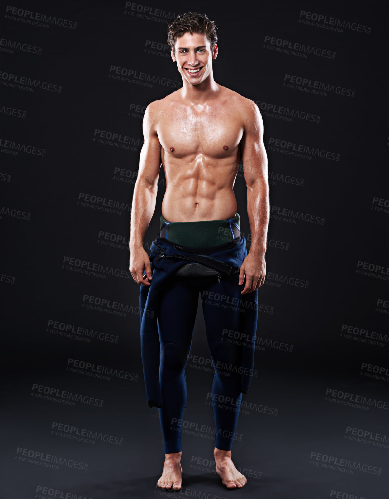 Buy stock photo Studio background, portrait of surfer or smile for sports, fitness and training for competition event. Professional athlete, male person or model and man with body, muscle or abs with pride