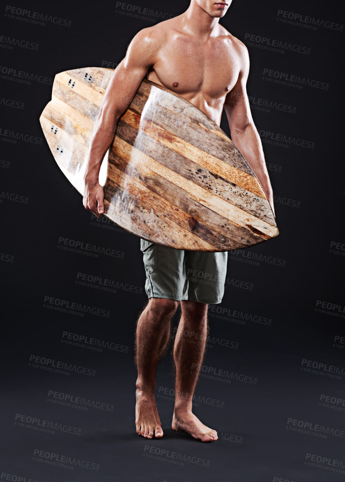 Buy stock photo Male surfer and sports with vintage board for exercise and fun in studio portrait. Wave rider and shirtless man with retro surfboard for fitness, workout and summer vacation on black background