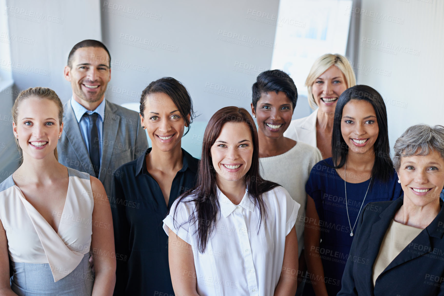 Buy stock photo Business people, teamwork and portrait for office leadership, career management and diversity in workplace or company. Smile on faces of employees, women or men together for group, team and mindset