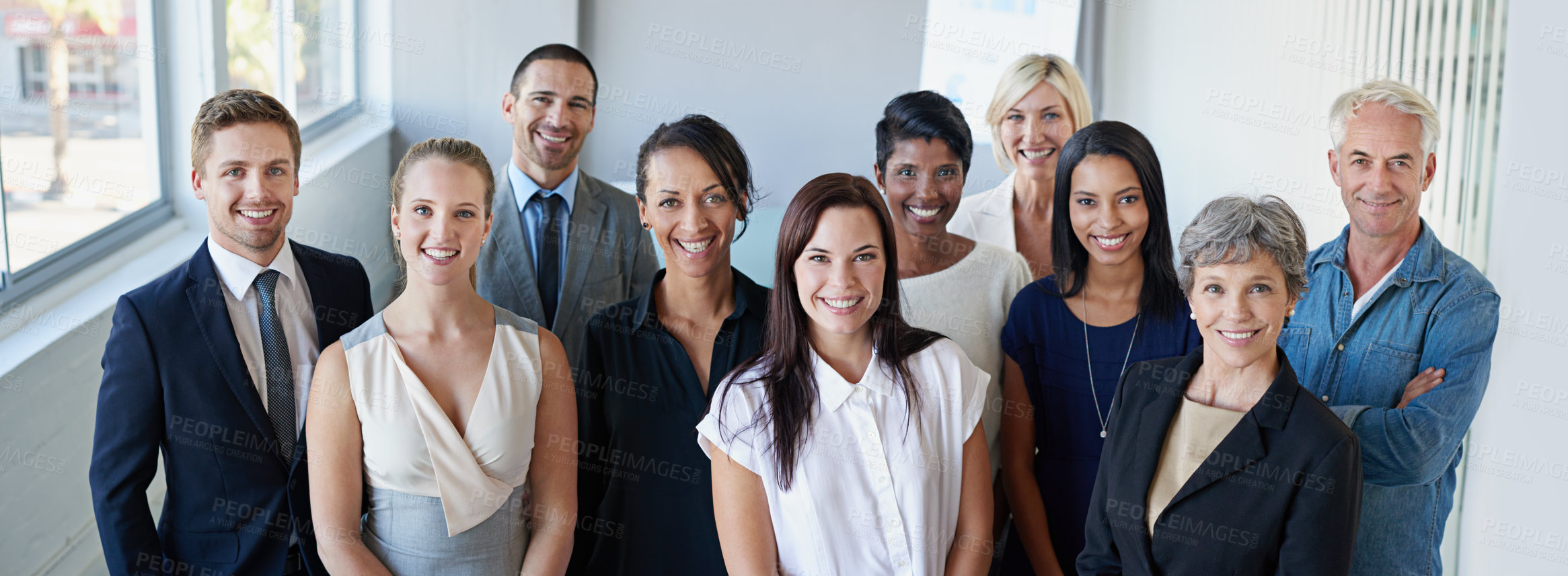 Buy stock photo Teamwork, portrait and happy business people standing together for leadership, management and diversity in company. Smile on faces of employees, women or men in group collaboration and career mindset