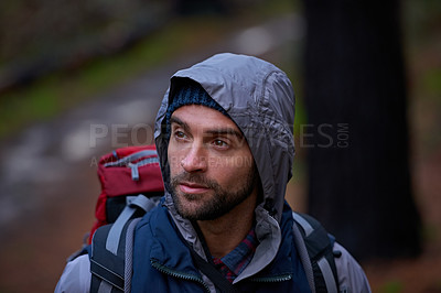 Buy stock photo Hiking path, man and trekking in forest for adventure, vacation and fitness in nature with trees. Sport, training and thinking in nature for workout, journey and athlete with backpack for winter.
