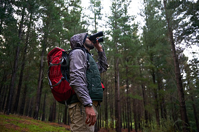 Buy stock photo Bird watching, woods and man with binocular, travel and hiking with trees and adventure with hobby. Person, forest and guy with freedom or wellness with hiker and explore nature with journey or peace