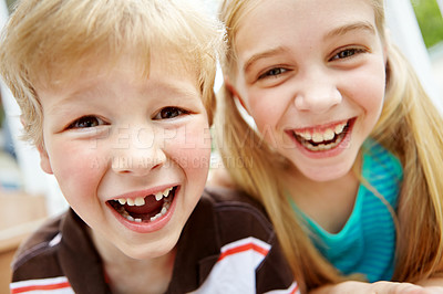 Buy stock photo Two cute little children smiling and laughing together