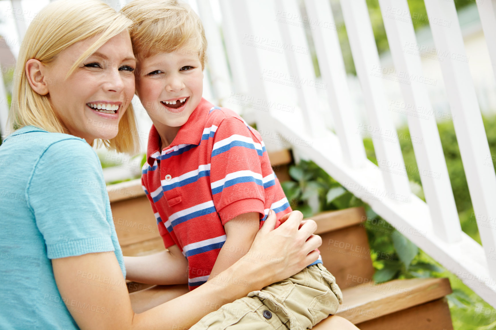 Buy stock photo Happy woman, child or love on stairs in portrait, relationship development or weekend fun at home. Mother, boy kid or smile on patio steps with hug, tickle game or trust in family garden in Australia