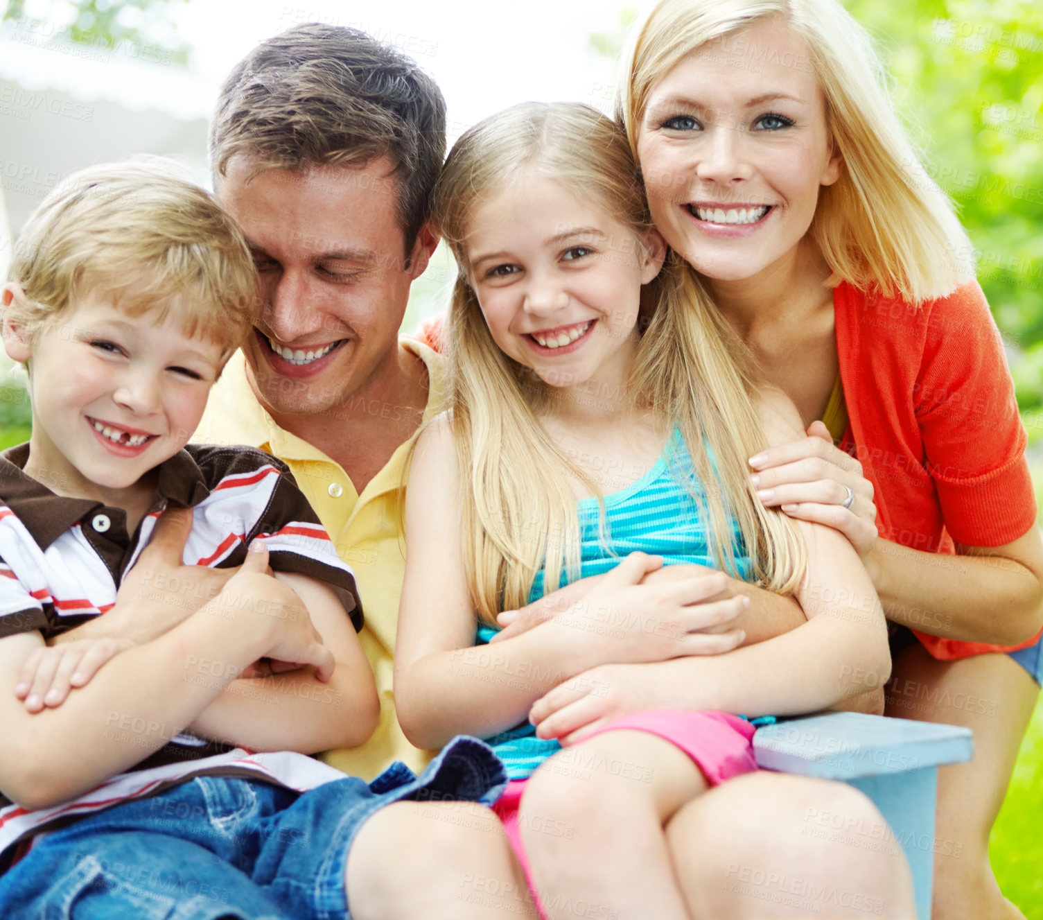 Buy stock photo Happy, family and garden with fun, hug and excited outdoor with summer holiday and bonding. Love, support and care of mother, father and children with youth and backyard with smile together at home