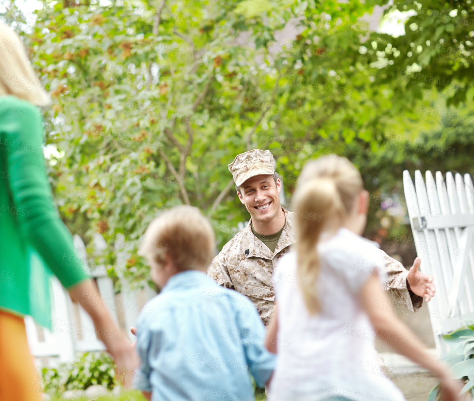 Buy stock photo Smile, family and welcome for army father of emotional celebration, hug and safety of military service return. Man, soldier and children with embrace for reunion together, patriotism and house garden