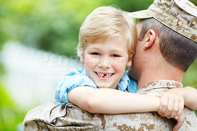 Buy stock photo Outdoor, soldier and smile of boy, hug and excited for reunion, dad and hero with love for kid. Family, father and parent from military, embrace and care for child, portrait and man after war or home