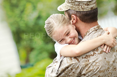 Buy stock photo Outdoor, soldier and reunion with daughter, smile and excited for dad, hug and hero with love of girl. Family, child and parent from military, embrace and father with care, home and man after war