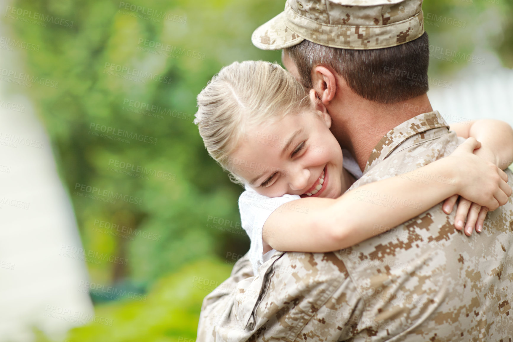 Buy stock photo Outdoor, soldier and reunion with daughter, smile and excited for dad, hug and hero with love of girl. Family, child and parent from military, embrace and father with care, home and man after war