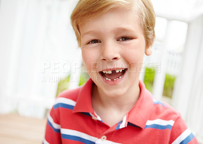 Buy stock photo Kid, boy and portrait for tooth loss in home with dental milestone, oral development or happy with mouth. Health, child and pride for growth, childhood memory or missing teeth with wellness in house