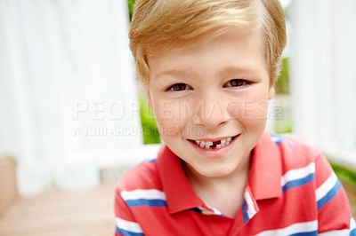 Buy stock photo Child, boy and portrait for teeth loss in home with dental milestone, oral development or happy with mouth. Health, kid and pride for growth, childhood memory or missing tooth with wellness in house