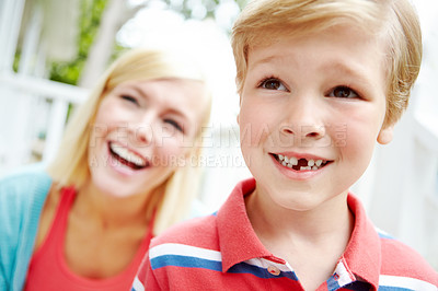 Buy stock photo Thinking, mom or boy with missing tooth, smile and family in home for love, growth or support together. Single parent, cavity or mother on porch with happy male kid or dentistry wellness in Australia