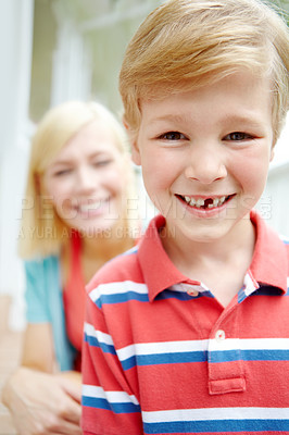 Buy stock photo Portrait, mom or boy with missing tooth, love and family in home for smile, growth or support together. Single parent, cavity or mother on porch with happy male kid or dentistry wellness in Australia