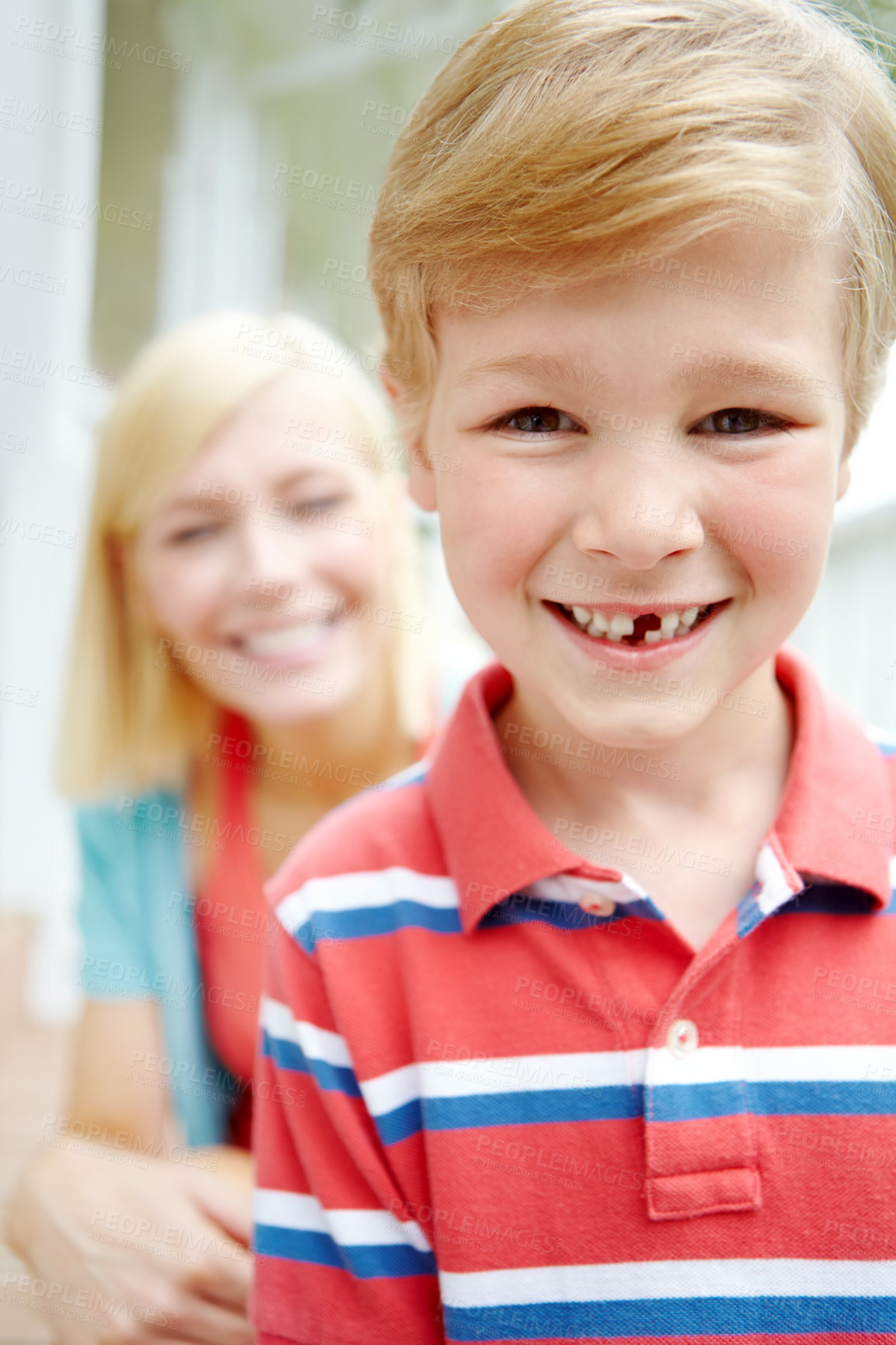 Buy stock photo Portrait, mom or boy with missing tooth, love and family in home for smile, growth or support together. Single parent, cavity or mother on porch with happy male kid or dentistry wellness in Australia