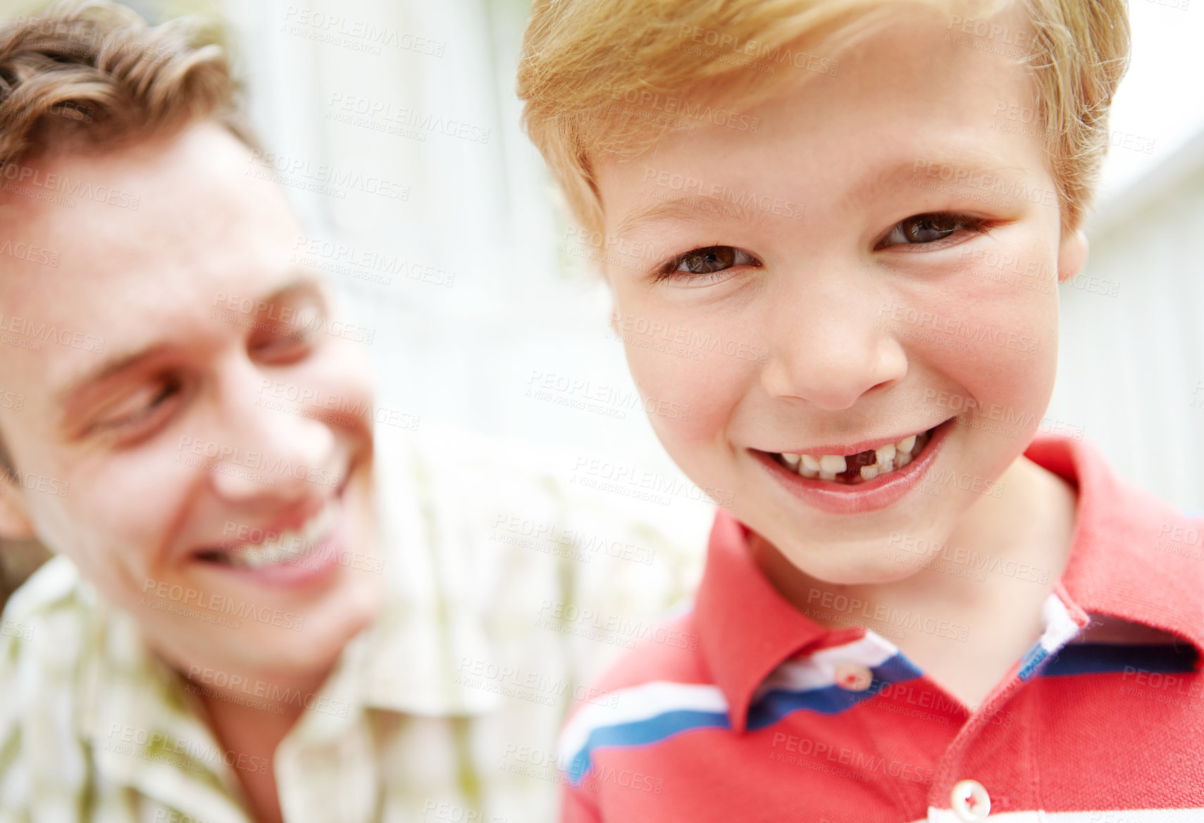 Buy stock photo Portrait, dad or boy with missing tooth, smile and family in home for love, growth or support together. Single parent, cavity or father on porch with happy male kid or dentistry wellness in Australia