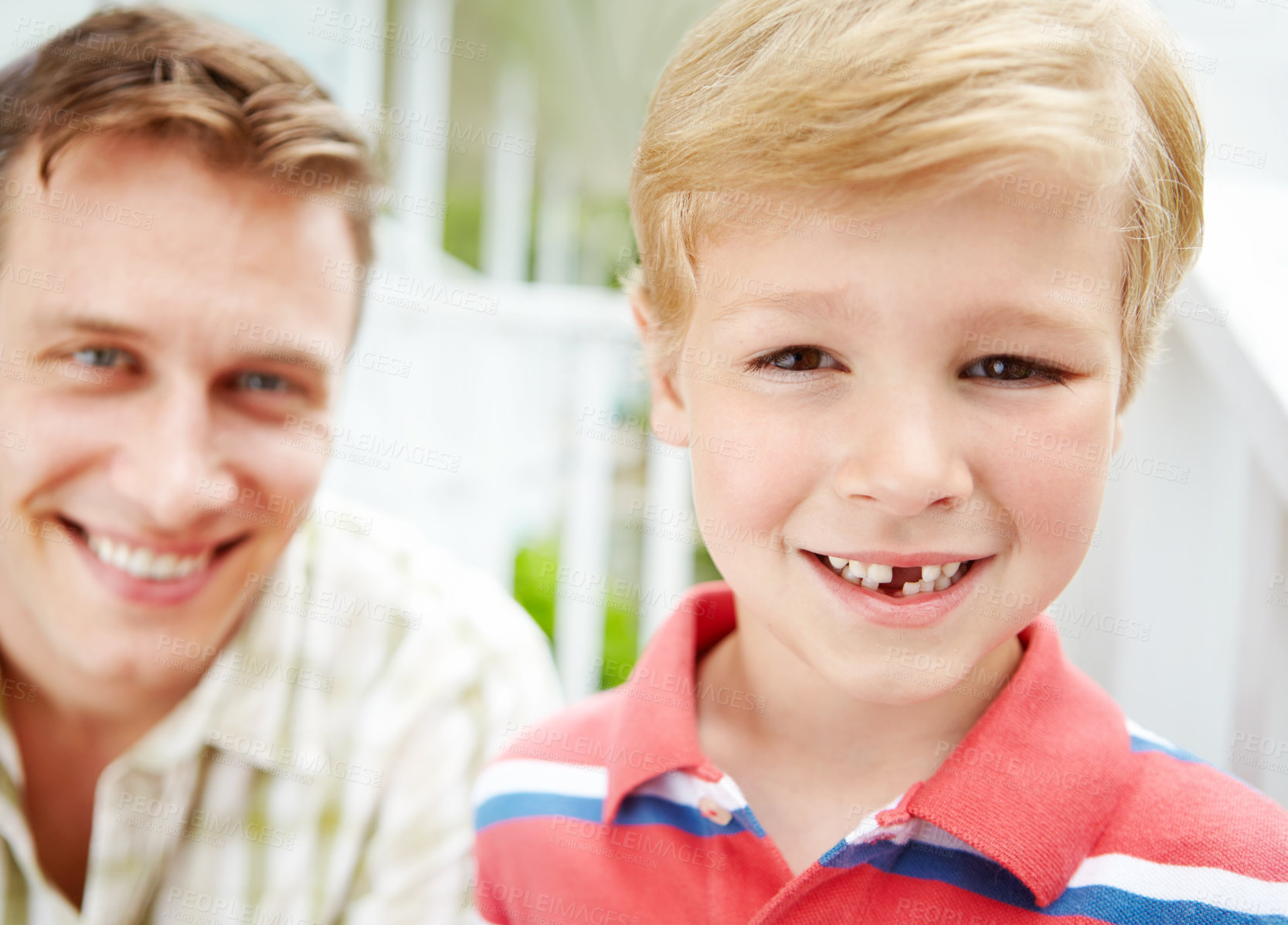 Buy stock photo Home, father and happy with boy outdoor for bonding, love and support in Canada. People, parent and smile with kid on portrait with trust, laughing and care on break for child growth and development