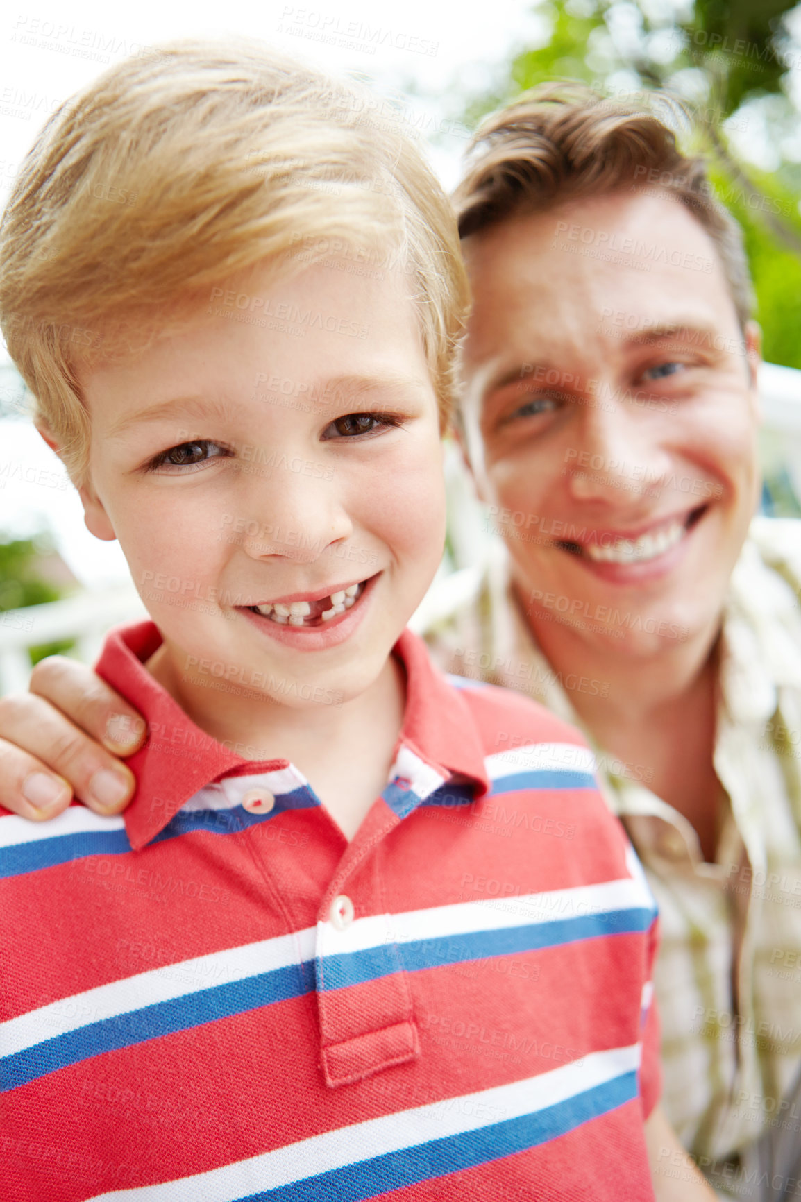 Buy stock photo Home, dad and smile with boy outdoor for bonding, love and support in Canada. People, parent and happy with kid on portrait with trust, laughing and care on break for child growth and development