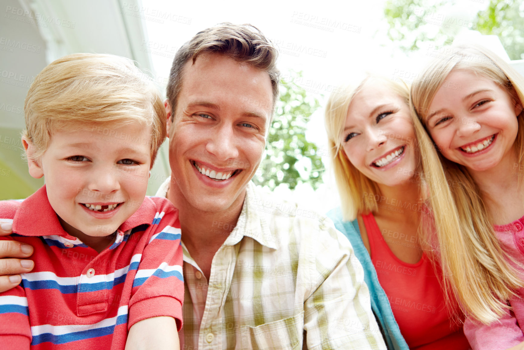 Buy stock photo Home, parents and happy with kids on portrait for bonding, love and support in Canada. People, family and smile at apartment with trust, laughing and care on break for child growth and development