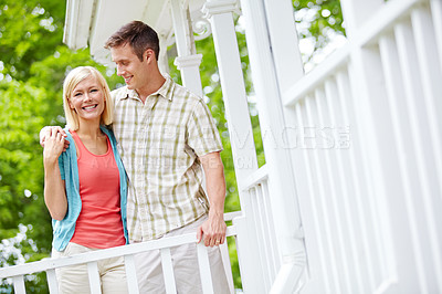 Buy stock photo Happy, couple and home porch with hug, outdoor and love in spring together. Patio, romance and marriage of people with care, support and smile with gratitude of new property and embrace on veranda