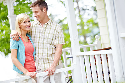 Buy stock photo Happy, hug and trust with couple on porch in garden of home for bonding, romance or support. Love, security or smile with man and woman embracing on backyard veranda for moment or relationship