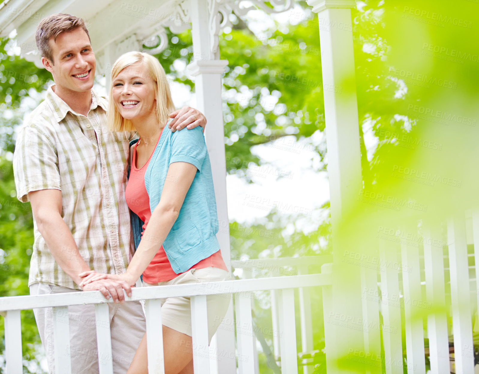 Buy stock photo Happy, hug and thinking with couple on porch in garden of home for bonding, romance or support. Future, smile or trust with man and woman embracing on backyard veranda for planning or vision