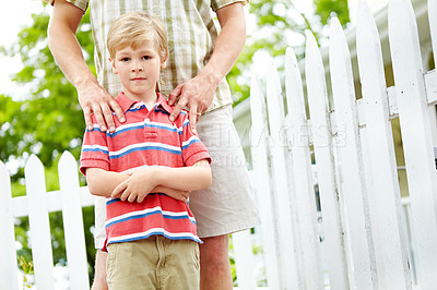 Buy stock photo Hands, shoulders or son in backyard with father, smile and family by fence in home on fun weekend together. Single parent, relax or dad with boy, care or male kid on holiday vacation in Australia