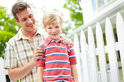 Buy stock photo Garden, growth and smile of father with son outdoor together for bonding, support or trust. Happy, love or support with single parent man and boy child in backyard for development or security