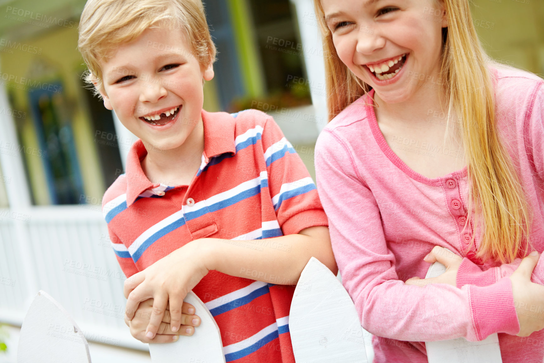 Buy stock photo Home, outdoor and kids with laughing as siblings on break for bonding, playful and support in Canada. People, boy and girl with happiness with care, trust and love for child growth and development