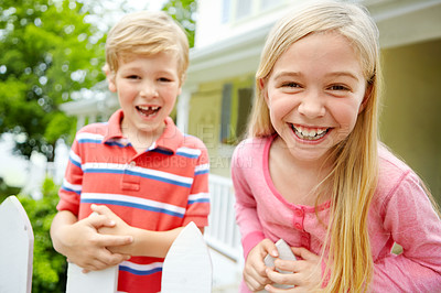 Buy stock photo Home, outdoor and kids with smile as siblings on break for bonding, playful and support in Canada. People, boy and girl with happiness on portrait with care, trust and love for child development