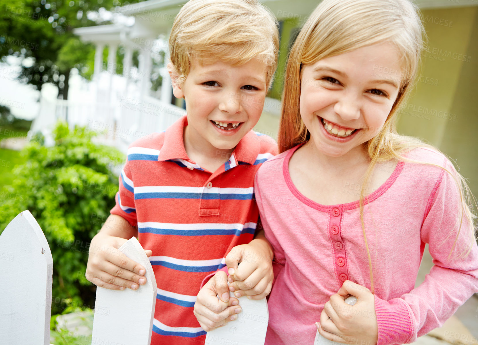 Buy stock photo Home, outdoor and kids on portrait as siblings on break for bonding, playful and support in Canada. People, boy and girl with happiness or smile with care, trust and love for child development