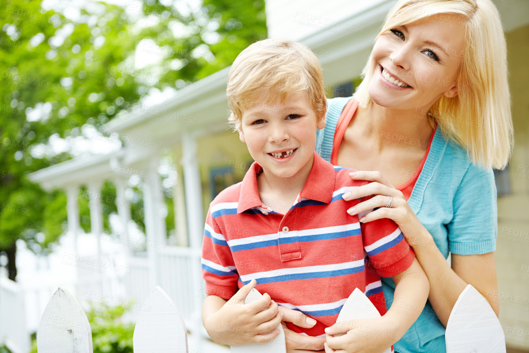 Buy stock photo Portrait, happy mom and kid at backyard for love, care and bonding in garden. Face, boy and child with mama outdoor for family connection, support and son with parent on mothers day at house in USA