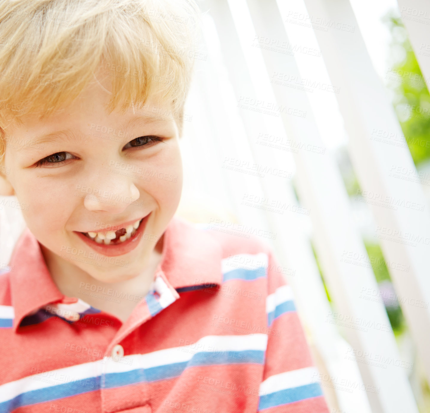 Buy stock photo Child, boy and portrait with teeth in garden for dental milestone, oral development and happy with mouth. Health, kid and pride for growth, childhood memory and missing tooth with wellness by house